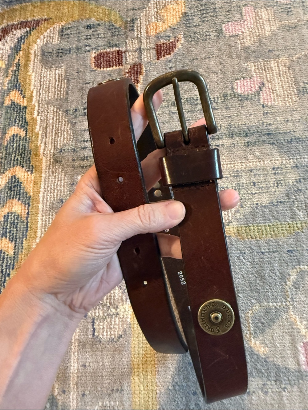 Boys Ducks Unlimited Brown Leather Belt 12GA Shotgun Shell Concho Brass Buckle L